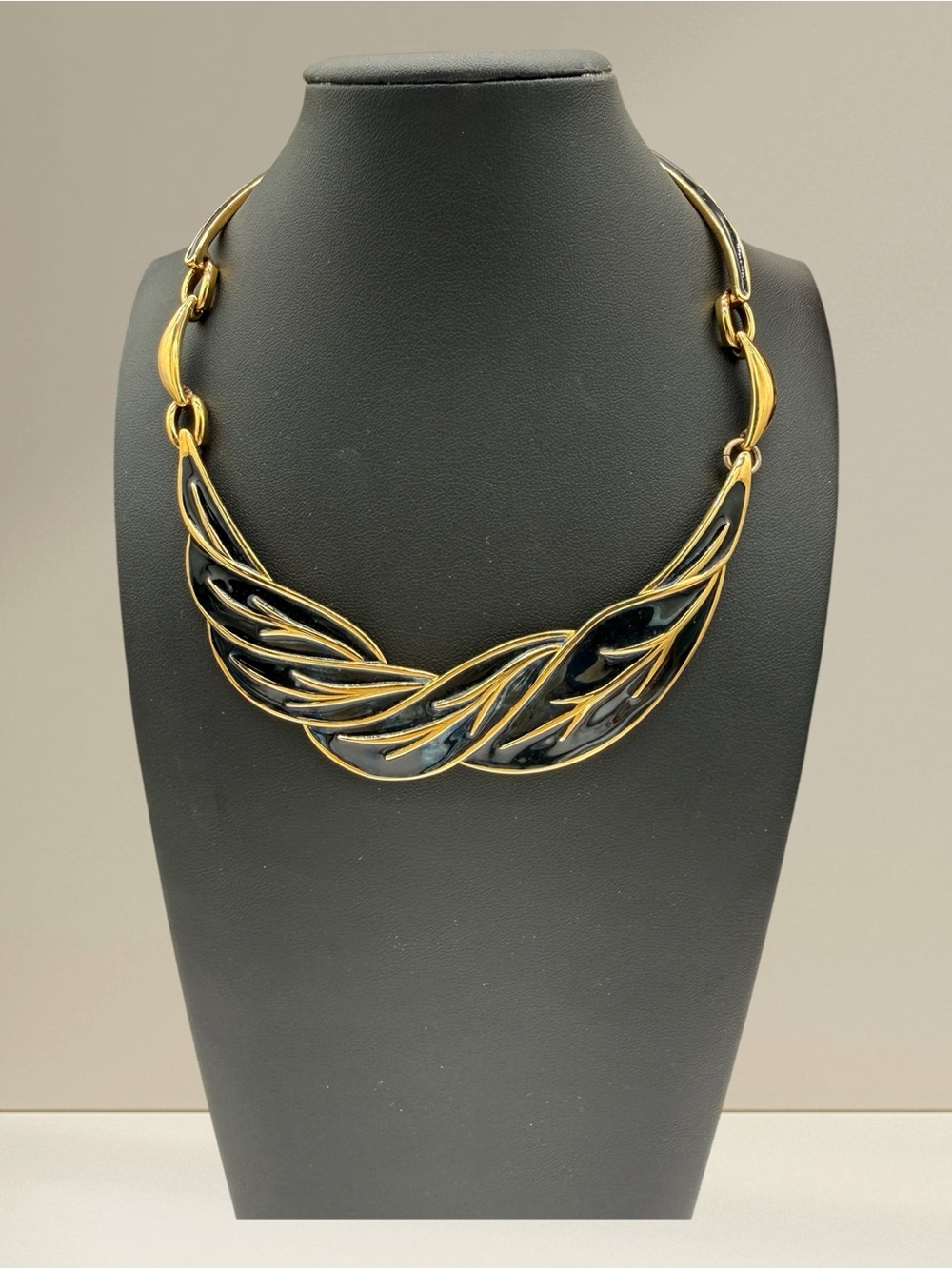 Vintage Monet Gold-Tone and Black Enamel Collar Necklace- 1980s